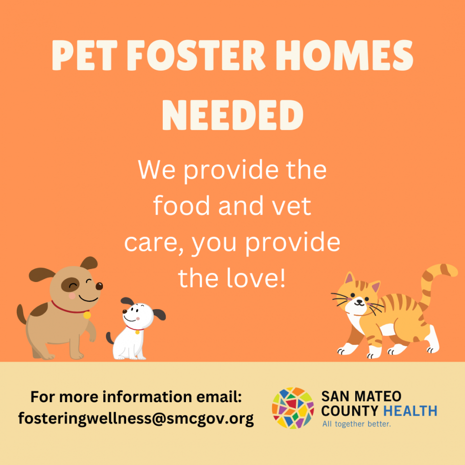 Pet Foster Homes Needed. We provide the food and vet care, you provide the love! For more information email: fosteringwellness@smcgov.org.