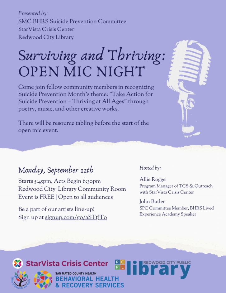 Flyer for Surviving and Thriving Open Mic Night. September 12 5:45pm at Redwood City LIbrary.