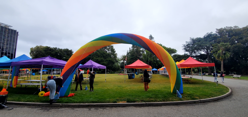 Rainbow balloon arch outdoors